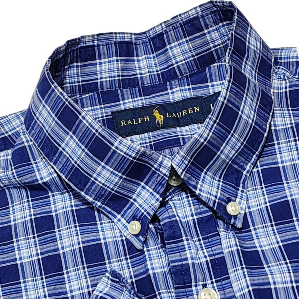 Ralph Lauren Button Down Shirt Men Large Blue Plaid Long Sleeve‎ Cotton Casual